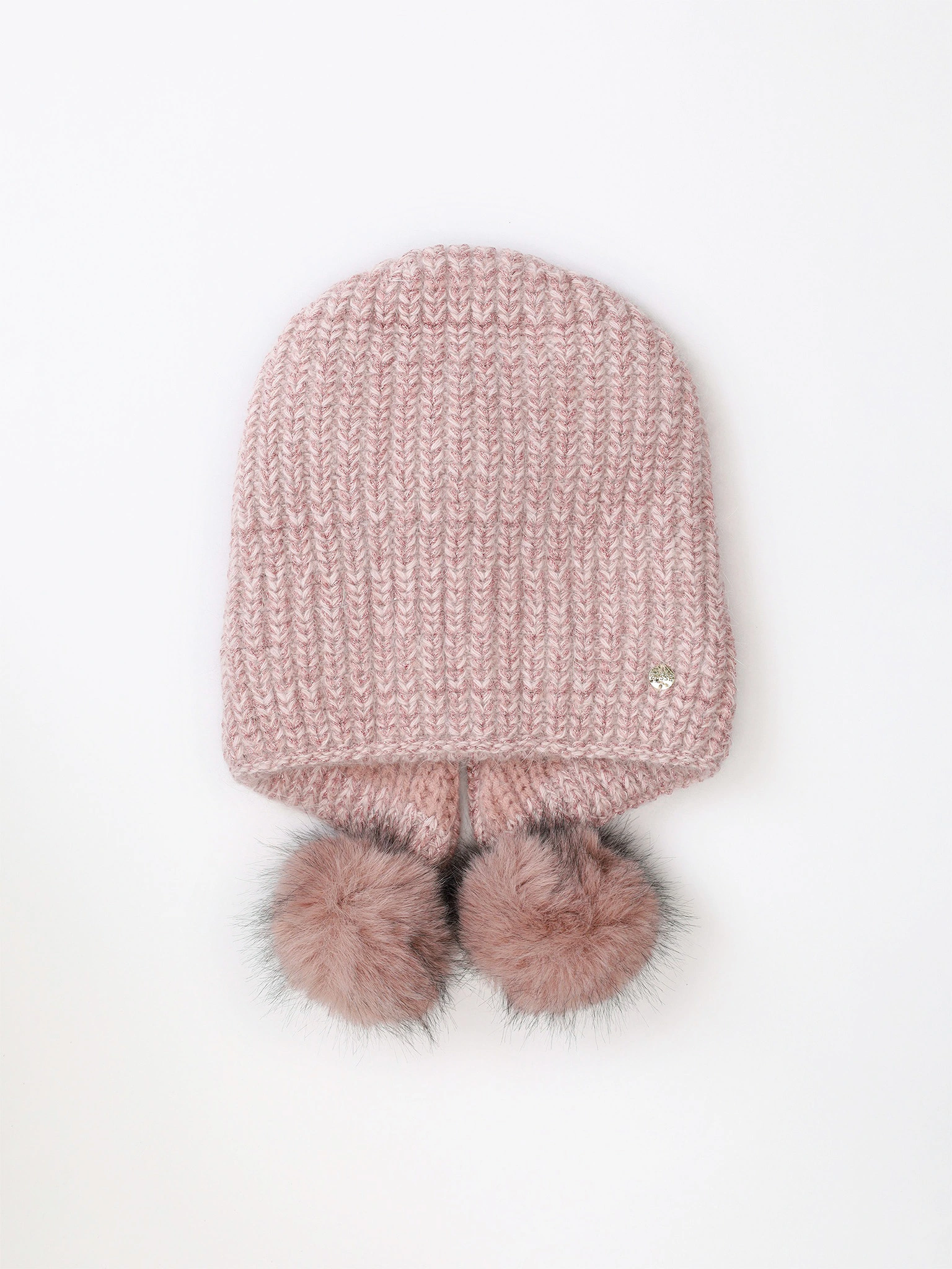 Шапка-капор из ангоры с нейлоном с меховыми помпонами с люрексом в ассортименте